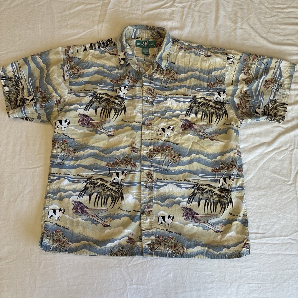 Big Dogs Shirt Mens Large Hawaiian‎ Aloha Novelty Dog Plane Print Short Sleeve